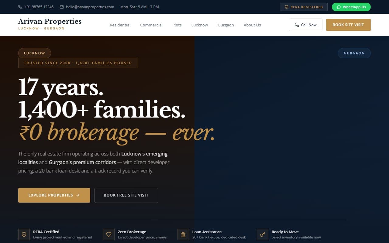 Arivan Properties, website hero
