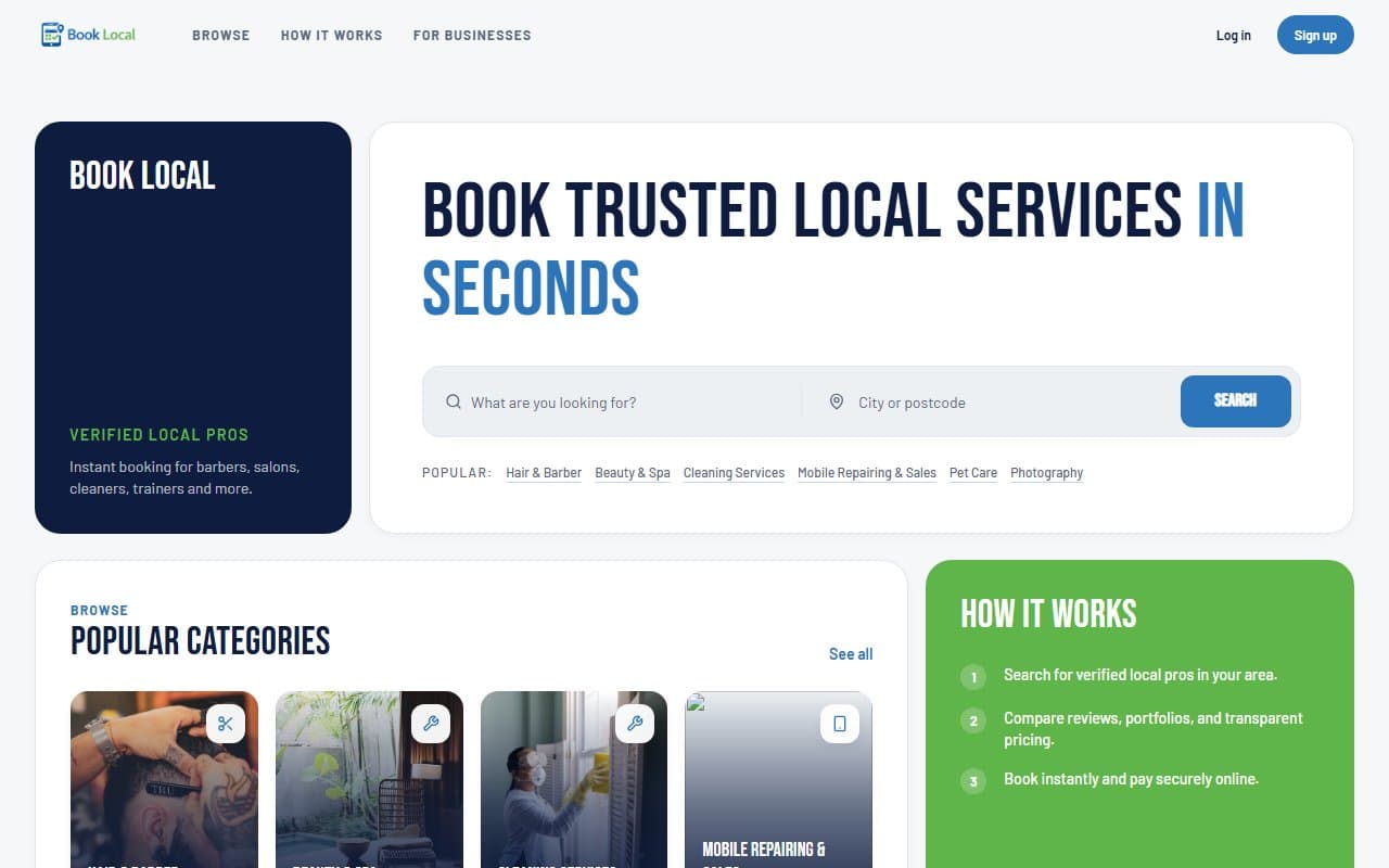 Book Now Local, website hero