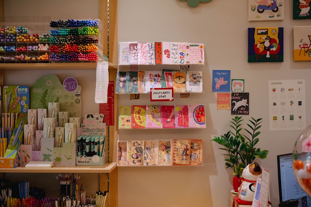 A stationery store with colorful pens and cards on display