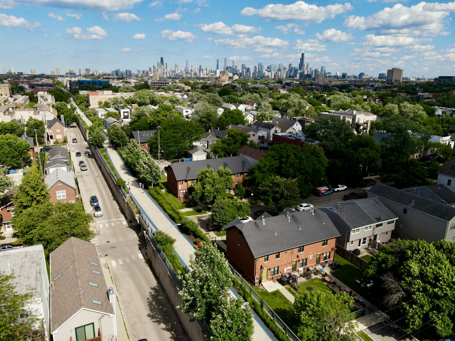 Chicago skyline over a residential neighborhood